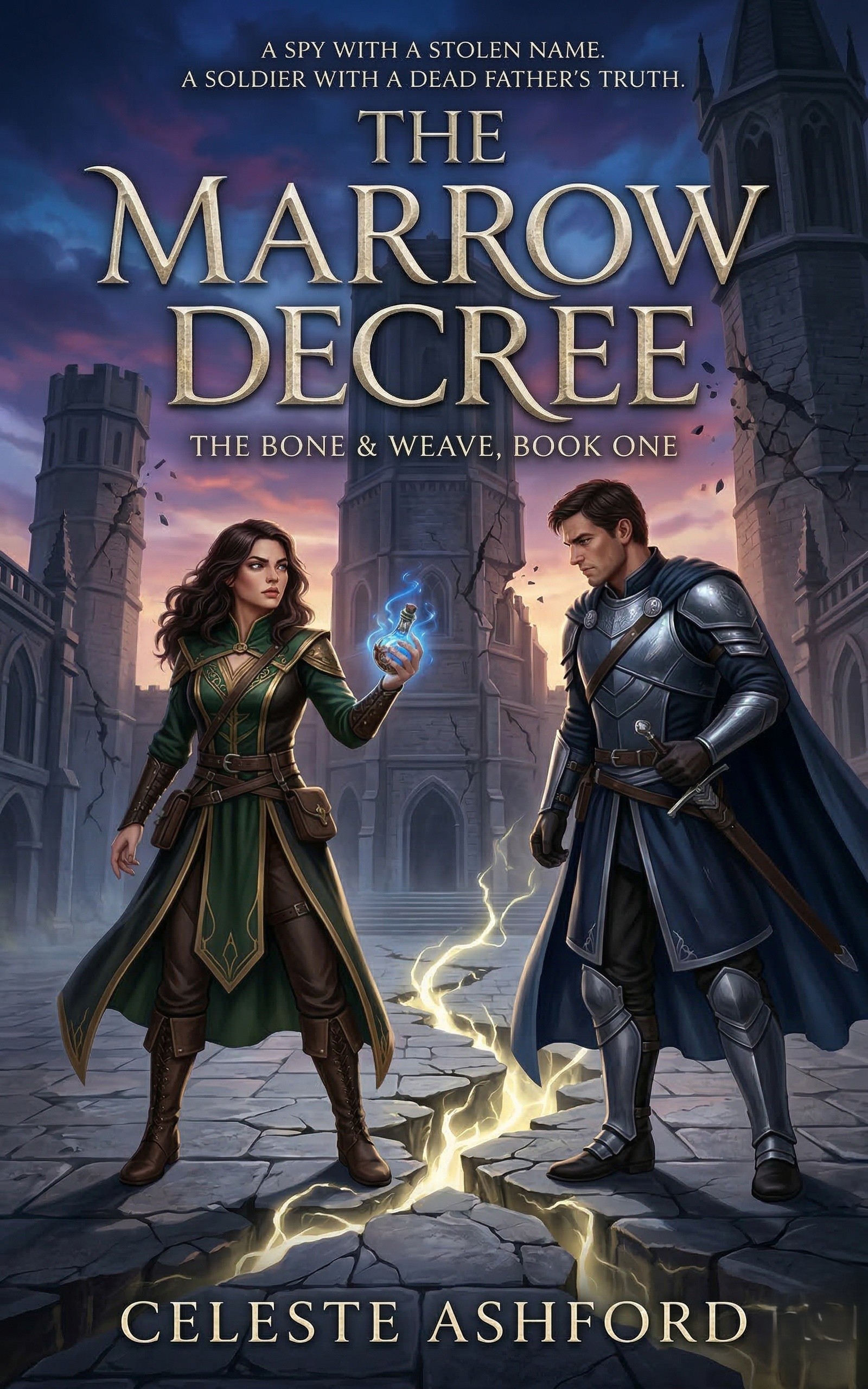 The Marrow Decree book cover — dark romantasy with alchemical and political intrigue imagery